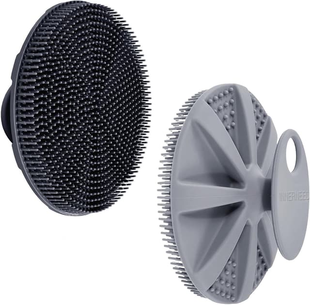 Detalle de INNERNEED Körperschrubber aus weichem Silikon (Lebensmittelqualität) – Dusch- und Handreinigungsbürste im Set Schwarz+Grau