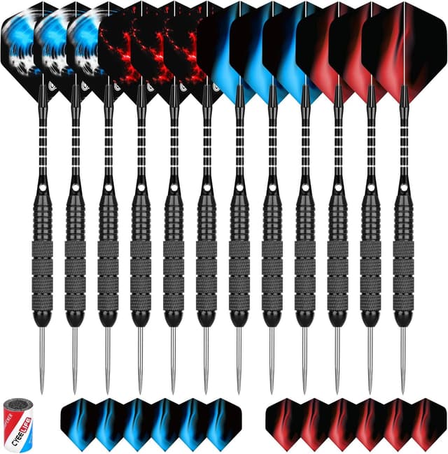 Detalle de CyeeLife 12 Pack Steel Tip Darts (22 g) with Aluminium Shafts, PET Flights & Sharpener