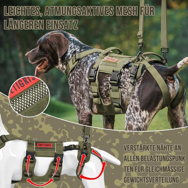 Detalle de OneTigris Hundegeschirr SKYEWALKER mit 2 Griffen, verstellbar (XL, Grün) – Unterstützung & Rehabilitation