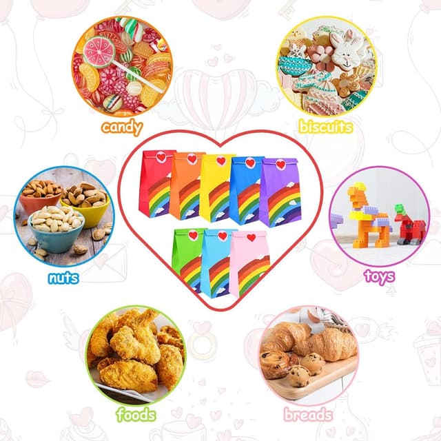 Detalle 2 de flintronic 48 Pack Kraft Sweet Party Bags with Rainbow Design and Smile Stickers (13 × 8 × 24CM)