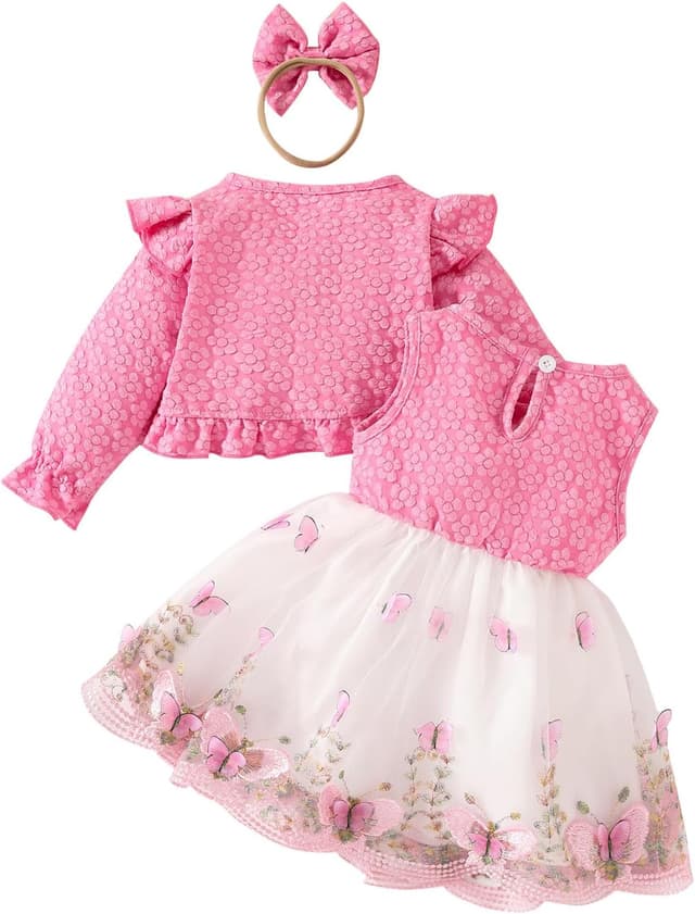 Detalle 2 de OMEWEE 3-piece girls fall outfit set – floral cardigan dress with butterfly print and headband
