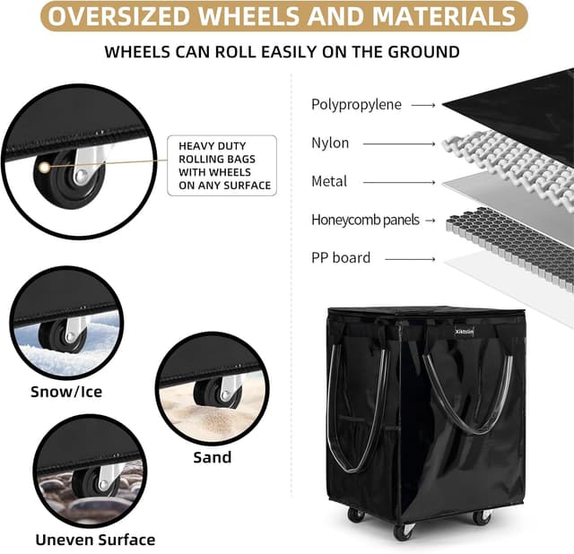 Detalle de (Large, Black) Reusable Rolling Grocery Bag on 5 Wheels with Zipper, 72L Foldable Tote