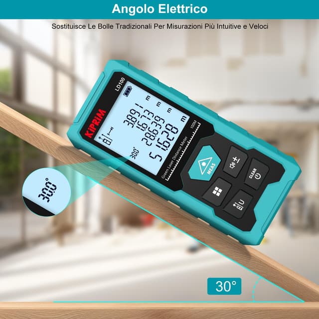 Detalle de Kiprim LD100 Metro Laser Professionale verde fino a 100 m, ±2 mm, Classe II, USB-C ricaricabile