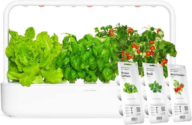 Detalle de Click & Grow Smart Garden – potager d’intérieur connecté avec 9 capsules prêtes à pousser, éclairage et arrosage automatiques (blanc)