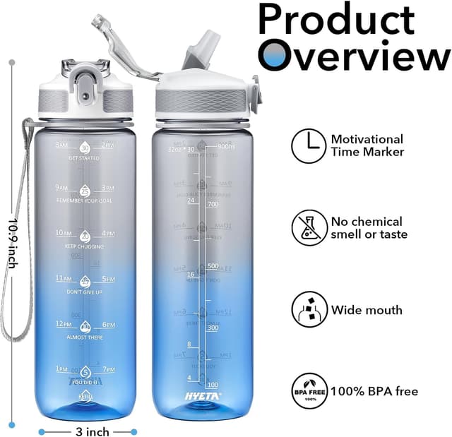 Detalle de Hyeta 32oz Water Bottle With Straw (Leak-Proof) and Time Markings