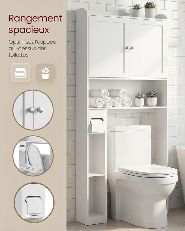 Detalle de VASAGLE Meuble WC BTS018W01V1 (20 x 79,1 x 170 cm) – armoire de rangement pour salle de bain, étagères ajustables