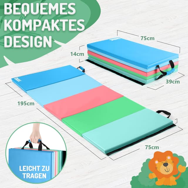 Detalle de PhysKcal klappbare Weichbodenmatte 195 x 75 x 3 cm (5 Paneele) für Turnen, Kinder & Gymnastik