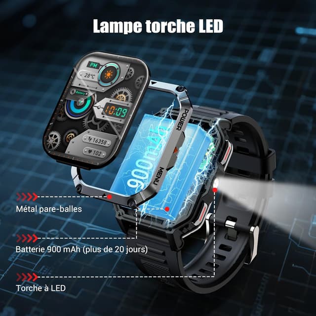 Detalle de IOWODO Montre Connectée Homme 2026 : écran 2,01", autonomie jusqu’à 100 jours, IP68 et fonctions sport