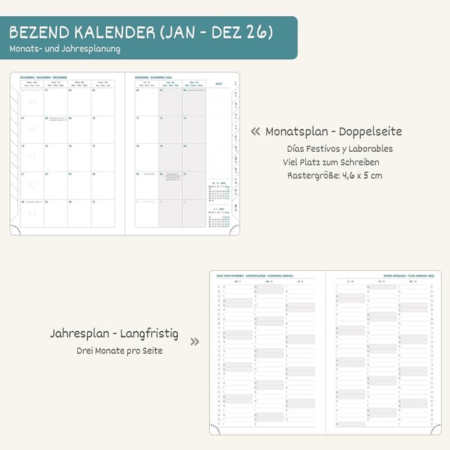 Detalle 2 de BEZEND Kalender 2026 A5 Wochenplaner mit Register 📘