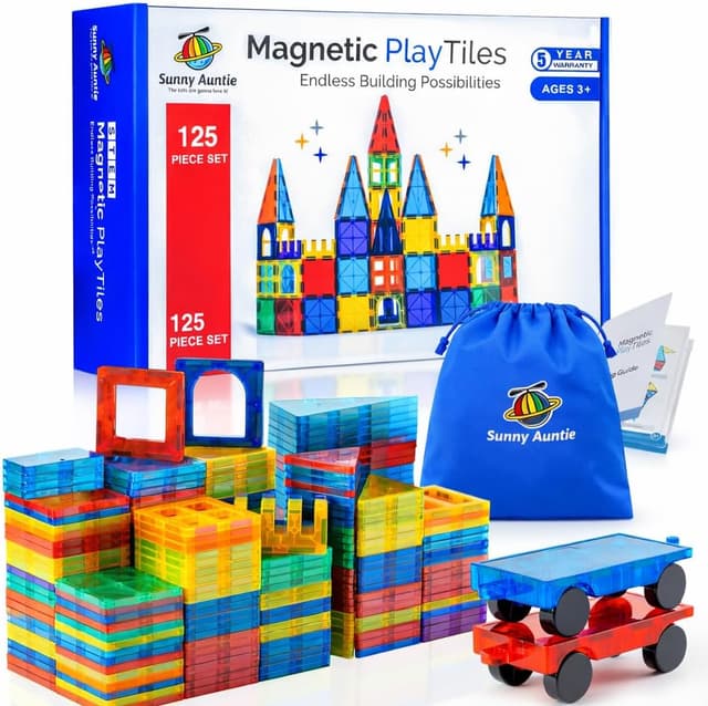 Detalle de Magnetic Tiles 125 PCS (XL Set) Magnetic Building Set with Carry Case – for ages 3–8