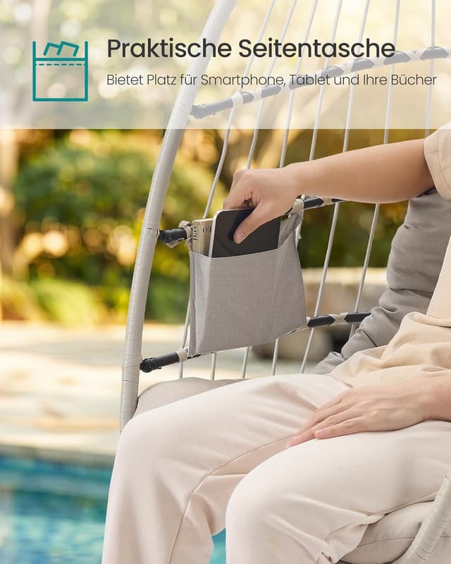 Detalle de SONGMICS Hängesessel mit Gestell GDC050WZ01 – höhenverstellbarer Korb, klappbar & abnehmbar