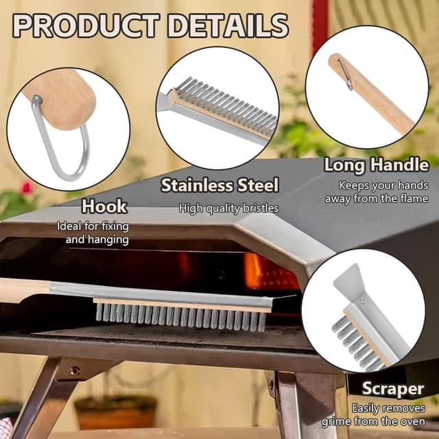 Detalle de OFFCUP Spazzola da forno per pizza con raschietto, 56 cm (setole in acciaio inox e manico in legno)