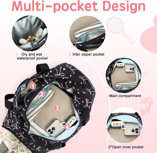 Detalle 2 de LOIDOU Sporttasche Reisetasche mit großem Schuhfach & Nassfach – Schwarz/Rosa (Herz + Bogen)