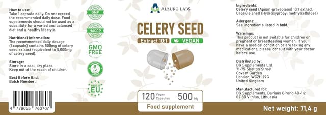 Detalle de Alzuro Labs Extrait de graines de céleri 500 mg (10:1) – 120 gélules végétaliennes