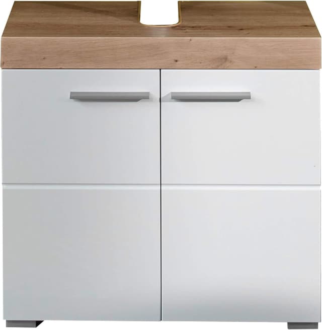 Detalle de trendteam smart living „Amanda“ Waschbeckenunterschrank in Weiß/Weiß Hochglanz mit Asteiche-Optik, 60 x 56 x 34 cm