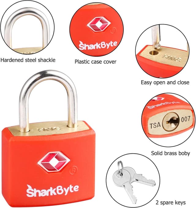 Detalle 2 de SHARKBYTE SharkByte TSA Approved Suitcase Locks with Keys (4 Pack, mix colours) — keyed travel padlocks