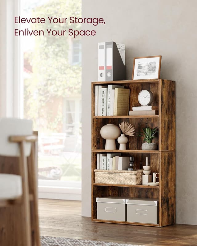 Detalle de VASAGLE LBC164X01 4-Tier Bookshelf with Adjustable Shelves and Open Compartments (Rustic Brown)