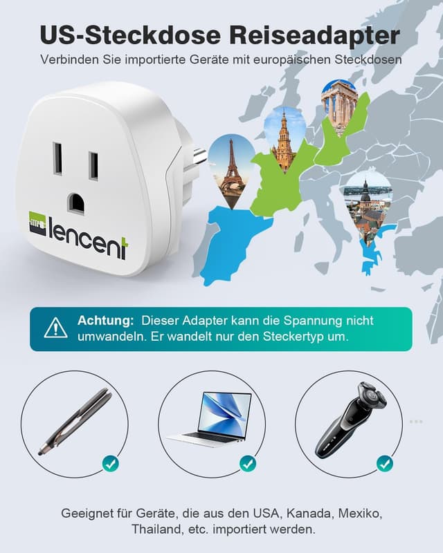 Thumbnail 3 de LENCENT Reiseadapter USA auf EU Steckdose 2er