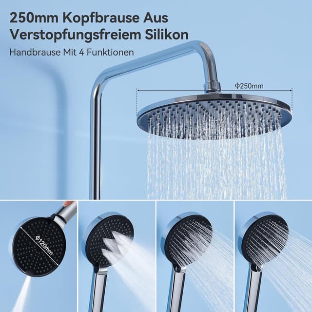 Detalle 2 de Auralum Regendusche ohne Armatur – Duschset mit Ø 250 mm, 4 Strahlarten & höhenverstellbarer Duschstange