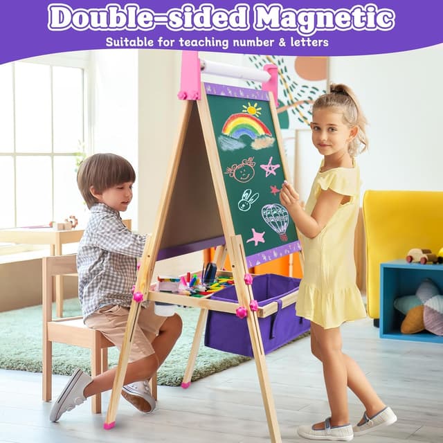 Detalle 2 de Kids Art Easel for Ages 4–8 with Paper Roll, Markers, Paint, Chalk & Magnetic Accessories