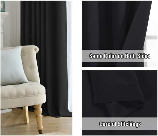 Detalle de BellaHills 100% Blackout Curtains (2-panel set) – Light reducing & privacy drapes for kids’ rooms, 66 x 54 inch, Black
