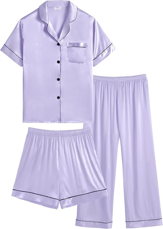 Detalle de SWOMOG Kid's Silk Pyjamas 3PCS satin set (short-sleeve top + shorts + long pants), ages 4–16