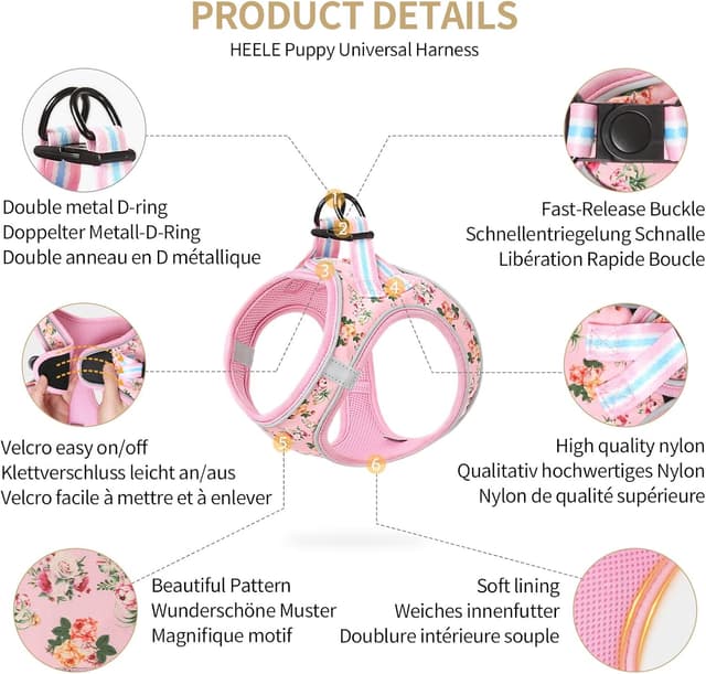 Detalle de HEELE step-in soft mesh dog harness (XS) in floral pink with reflective strips