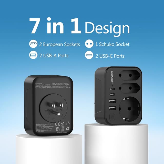 Detalle de Adaptateur de voyage JSVER 7 en 1 France vers États-Unis/Canada avec 4 ports USB et 2 prises Type B (noir)