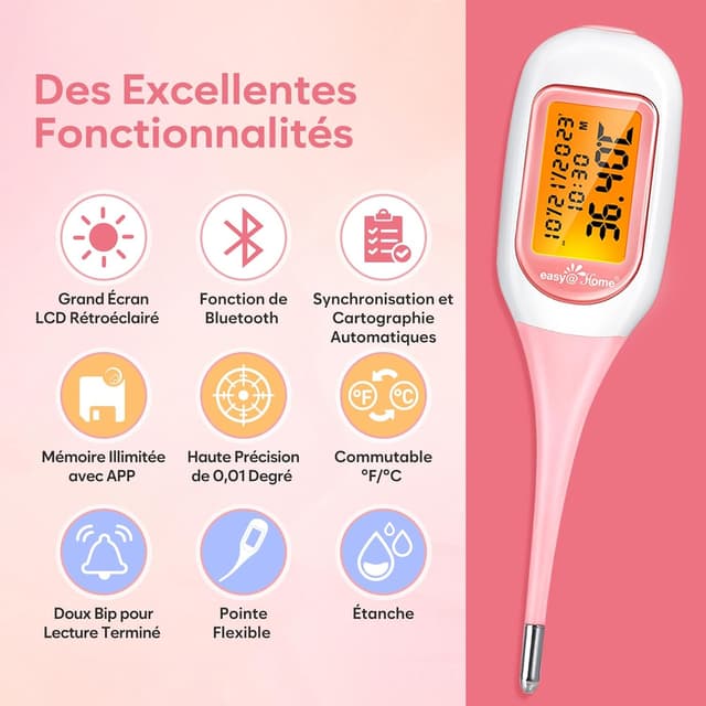 Detalle de Easy@Home Thermomètre basal Bluetooth avec suivi d’ovulation et appli Premom (iOS/Android) – Rose
