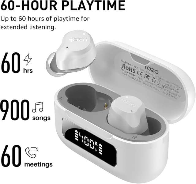 Detalle 2 de TOZO NC9 Bluetooth In-Ear Kopfhörer mit Hybrid-ANC (45 dB), 6 Mikrofone ENC & 60 Std. Akku – Weiß
