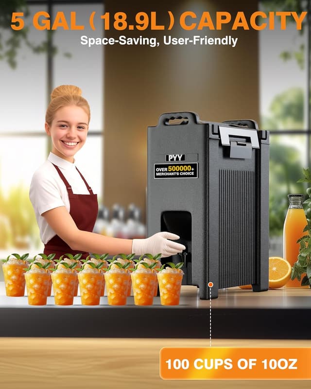 Detalle de PYY 5-Gallon Insulated Beverage Dispenser (Hot & Cold) with Handles, Leak-Proof Cooler Server
