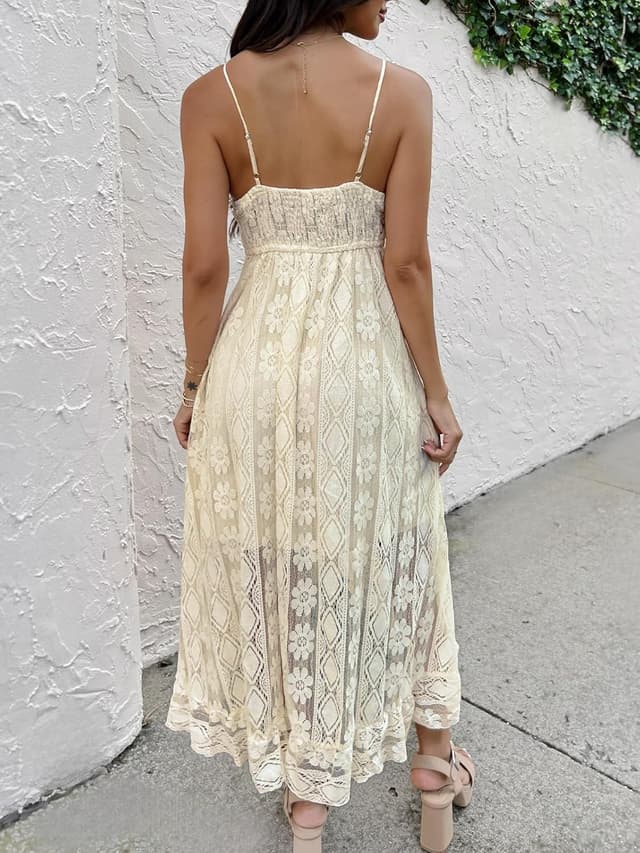 Detalle de CUPSHE Damen Sommerkleid mit V-Ausschnitt, floralem Spitzeinsatz & High-Low-Saum