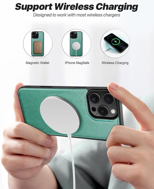 Detalle 2 de OCASE iPhone 16 Pro Hülle (2in1) aus Leder – stoßfest, abnehmbare Magnet-Fliphülle mit Kartenfach, RFID & Standfunktion (grün)