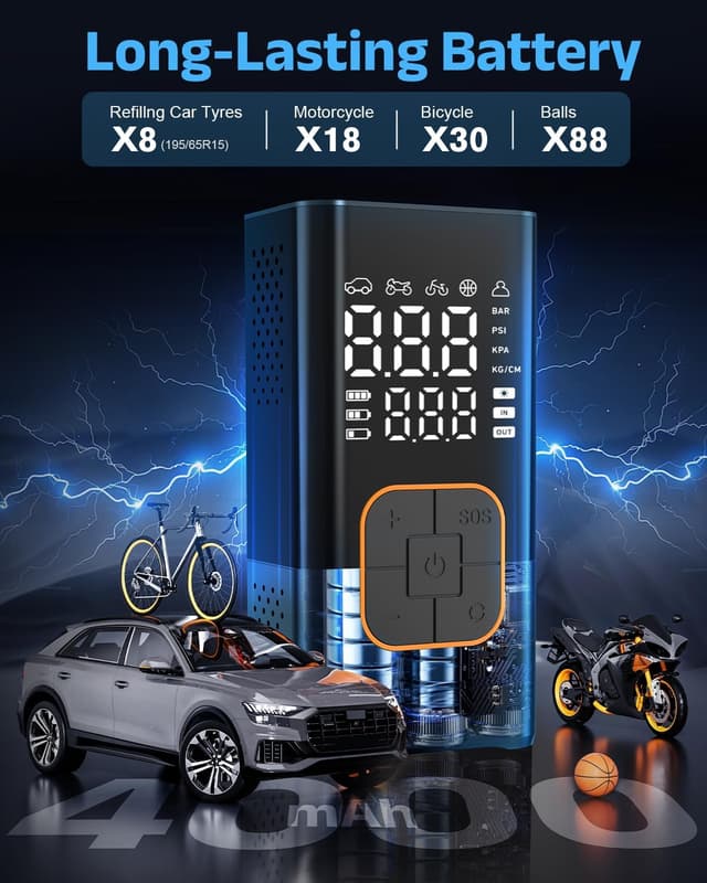 Detalle de Tyre Inflator Air Compressor: cordless electric bike pump & car tyre inflator with digital gauge (150 PSI)