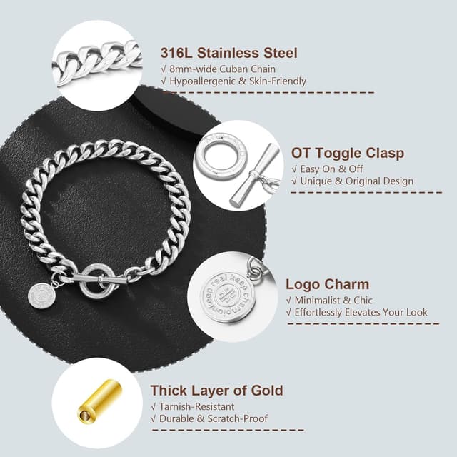 Detalle de KRKC&CO Herren Panzerkette Armband mit T-Stab Verschluss (8 mm) – 14K Gold/Weißgold beschichtet, Edelstahl