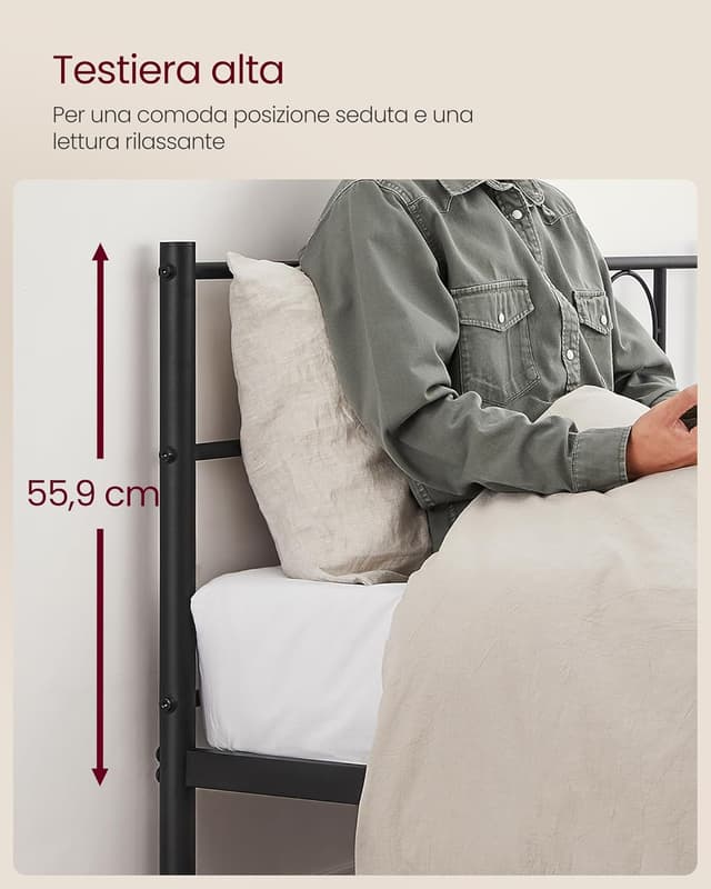 Detalle 2 de VASAGLE Struttura letto matrimoniale a doghe in metallo RMB060B01 (120 x 190 cm), nero inchiostro