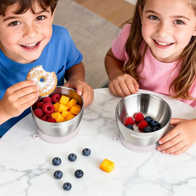 Detalle de Greentainer 304 Stainless Steel Baby Bowl Set (Pink) – Double-wall insulated toddler bowls with removable silicone suction base