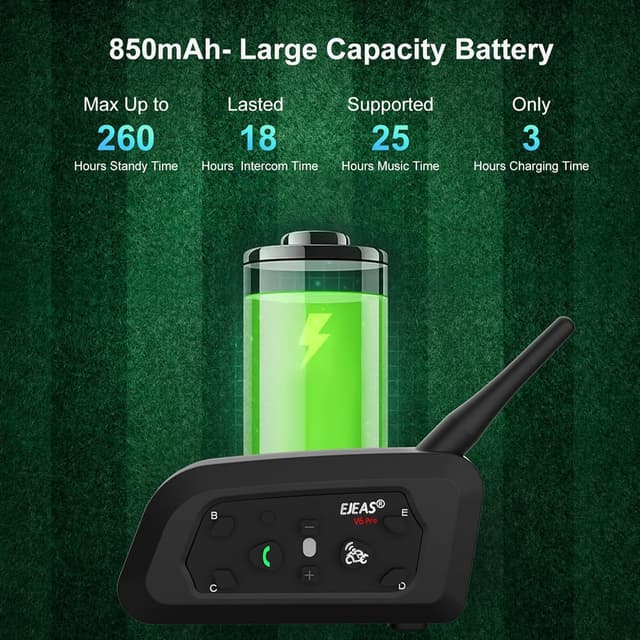 Detalle de EJEAS V6C Referee Bluetooth Intercom (2er-Set) mit DSP-Rauschunterdrückung, 850 mAh, Full Duplex, USB-C