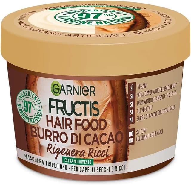 Detalle de Garnier Fructis Hair Food Burro di Cacao – Masque nourrissant régénérant pour cheveux secs et bouclés, 390 ml (femme)
