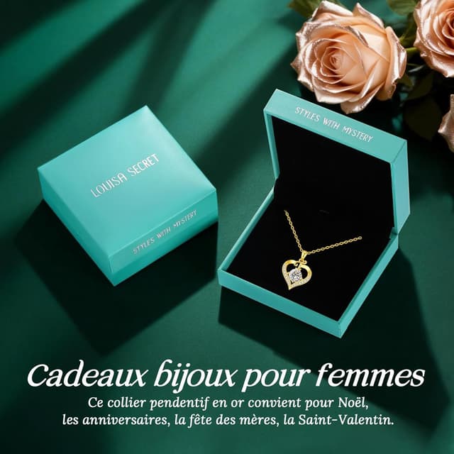 Detalle de Collier personnalisé LOUISA SECRET avec initiales en capitales et pendentif cœur d’amour, plaqué or 18K