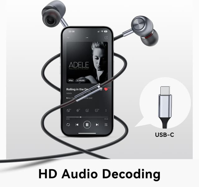 Detalle de USB-C Wired In-Ear Headphones with Microphone, Volume Control, and Bass Stereo for Samsung, iPhone, Pixel, and More