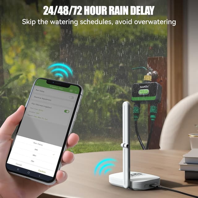 Detalle 1 de RAINPOINT Timer Irrigazione WiFi 2 uscite con ingresso in ottone e controllo via app/Alexa