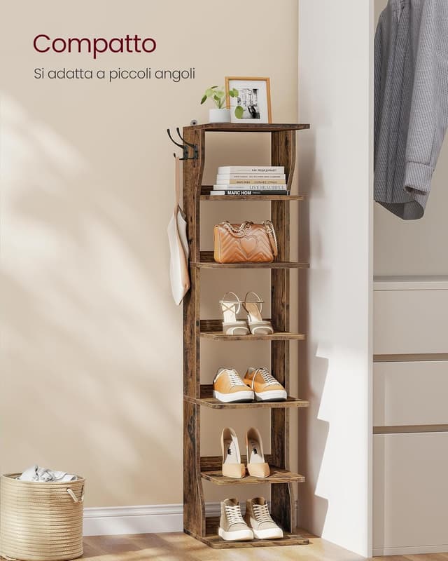 Detalle 2 de VASAGLE LBS200KD01 scarpiera stretta a 7 livelli con ganci laterali, per corridoio e ingresso