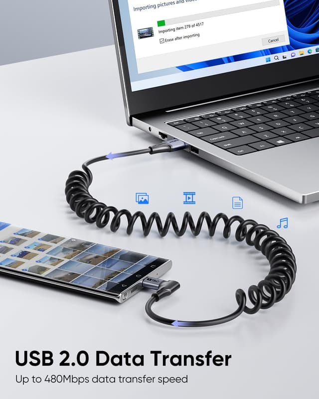 Detalle de SUNGUY câble USB-C spiralé à angle droit 1,8 m (2 pièces) USB-A vers USB-C pour CarPlay & Android Auto