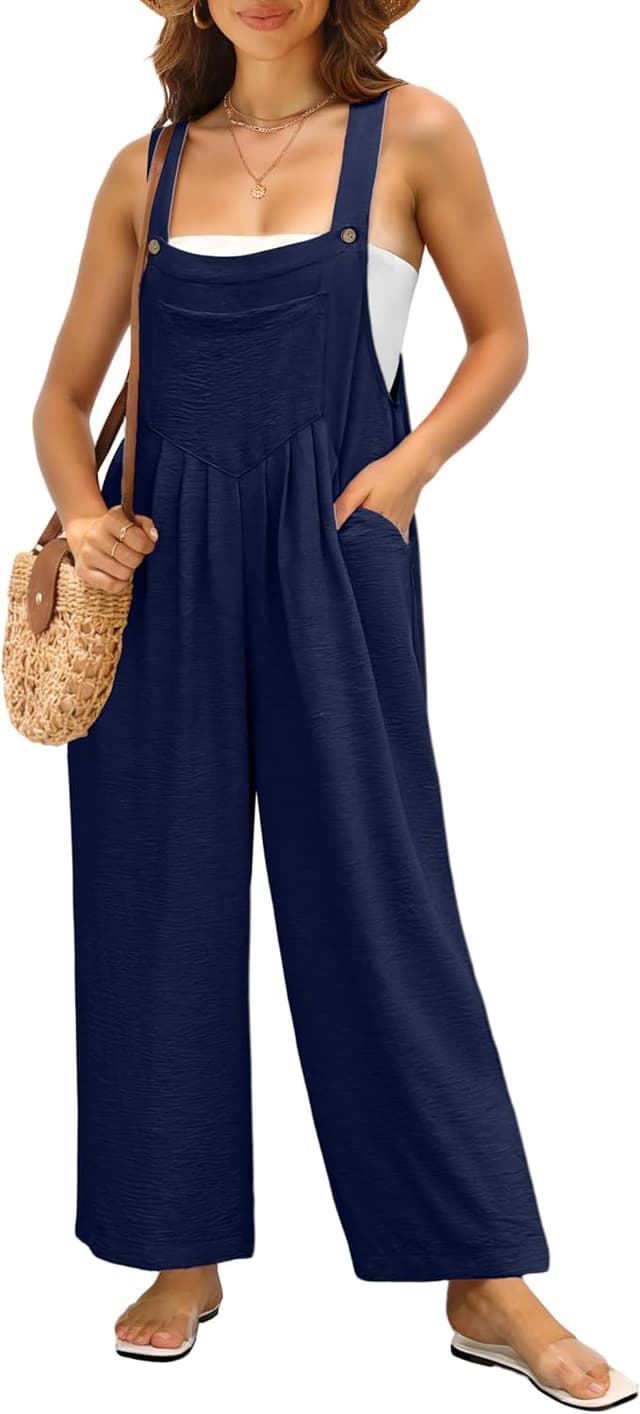 Detalle de IWOLLENCE Damen-Latzhose mit verstellbaren Trägern und Holzknöpfen – Sommer-Latzhosen-Overall im lockeren Schnitt