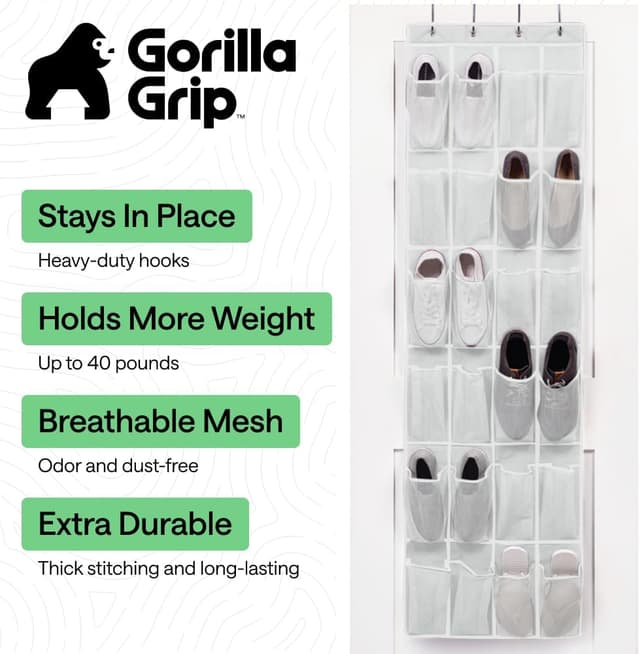 Detalle 2 de Gorilla Grip Over-the-Door Shoe Organizer (24 Mesh Pockets) — White, up to 40 lbs