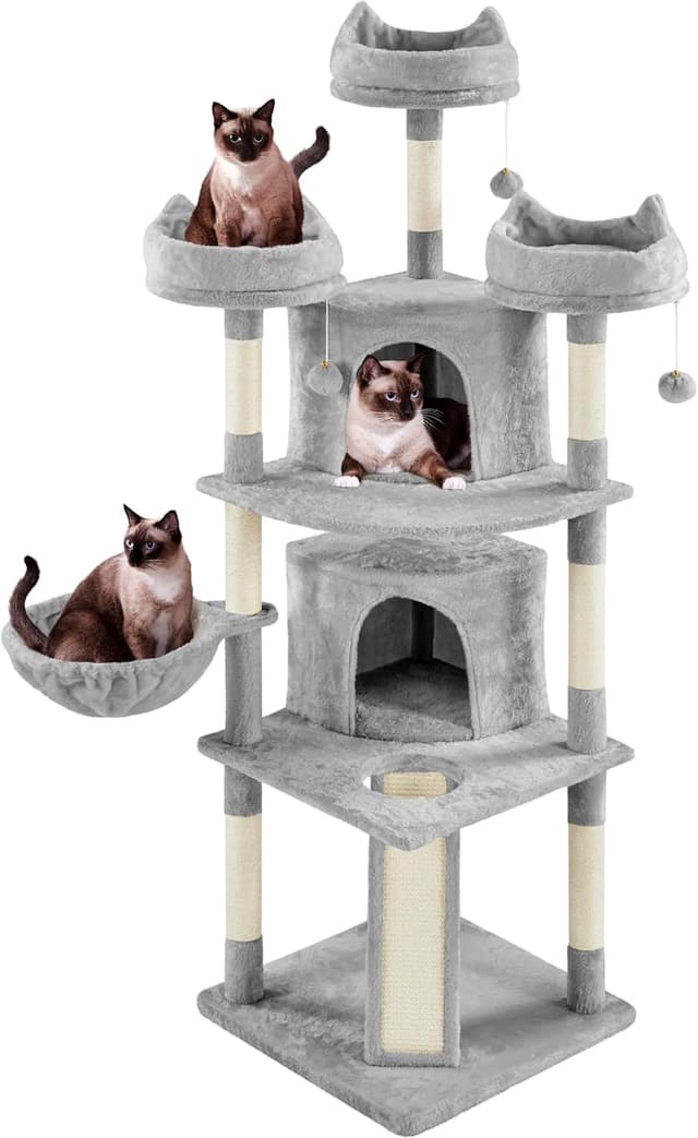 Detalle de Yaheetech Albero per gatti alto 174 cm con 7 punti graffianti, 3 piattaforme e scala a più livelli (grigio chiaro)