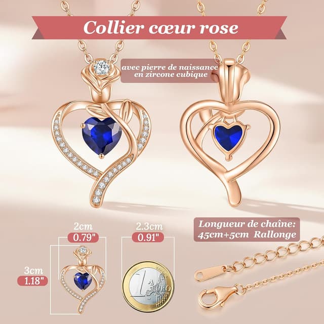 Detalle de Collier femme CDE Bijoux pendentif cœur et rose en plaqué or rose, zircon cubique 5A