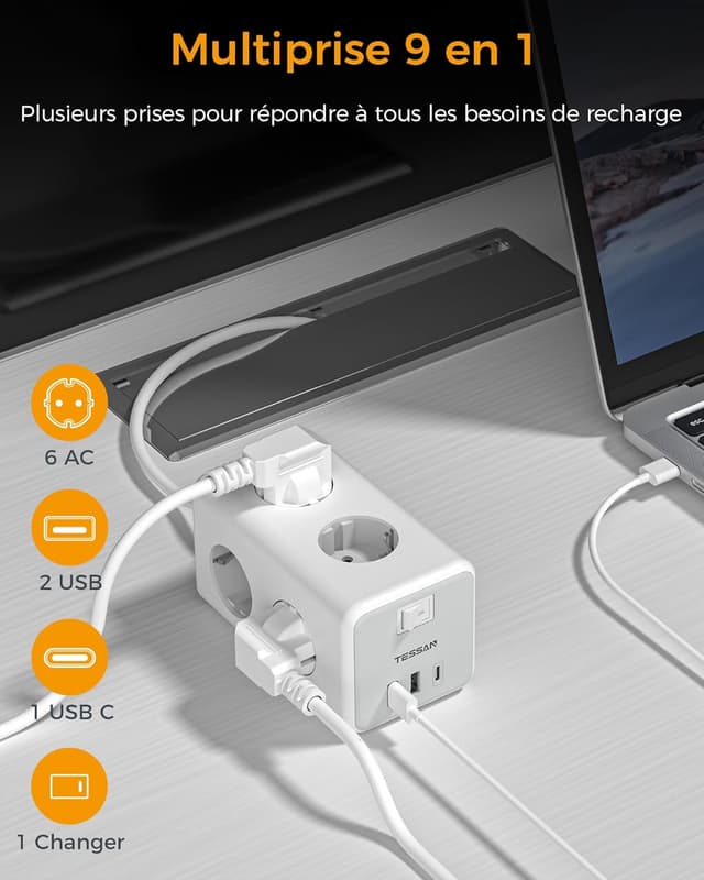 Detalle 2 de TESSAN 9 en 1 multiprise USB C : 6 sorties secteur, interrupteur et rallonge 2 m (gris)