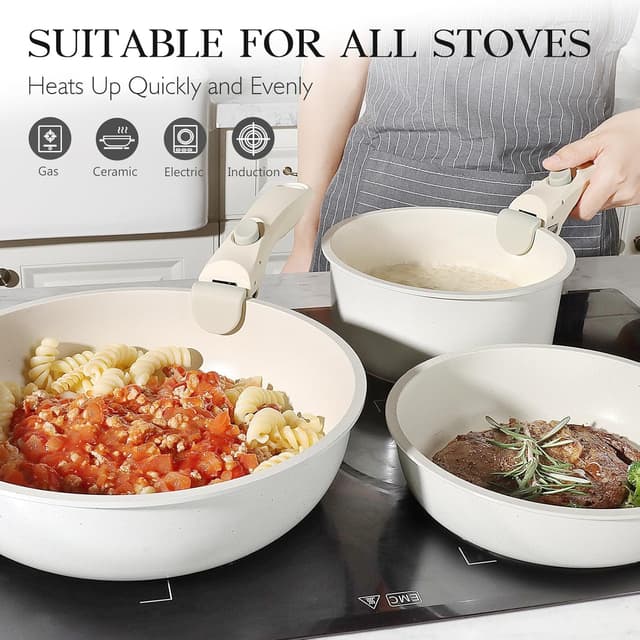 Thumbnail 6 de GiPP 11-piece Non Stick Pots and Pans Set with Detachable Handle (White Granite, PFOA-free)